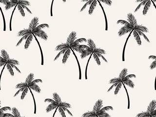 Fototapeten Vektornahtloses tropisches Muster mit Palme auf weißem Hintergrund. Vektorblumenillustration für Gewebe, Druck, Tapeten, Verpackung. © Irina