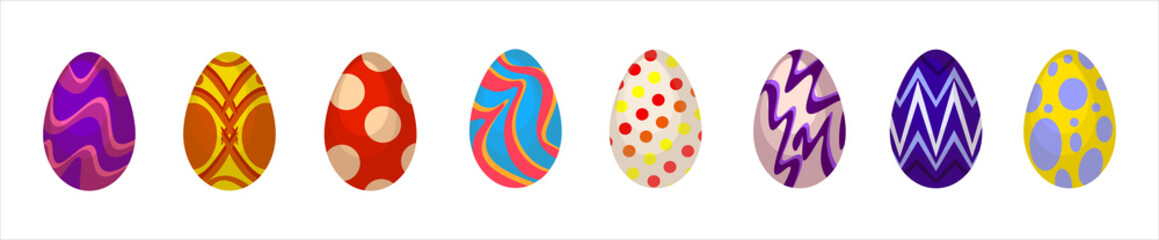 Vector illustration Happy Easter. Happy easter eggs. Set of Easter eggs with different texture on a white background. Spring holiday. Set of easter eggs with geometric and floral ornaments