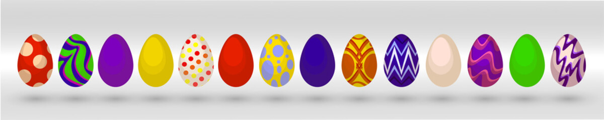 Vector illustration Happy Easter. Happy easter eggs. Set of Easter eggs with different texture on a white background. Spring holiday. Set of easter eggs with geometric and floral ornaments
