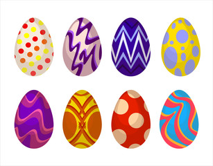 Vector illustration Happy Easter. Happy easter eggs. Set of Easter eggs with different texture on a white background. Spring holiday. Set of easter eggs with geometric and floral ornaments