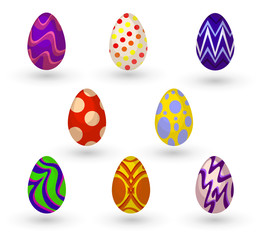 Vector illustration Happy Easter. Happy easter eggs. Set of Easter eggs with different texture on a white background. Spring holiday. Set of easter eggs with geometric and floral ornaments