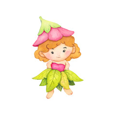 Fairy Cartoon watercolor in flower and leaf costume isolated on white background. With clipping path