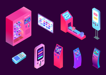  payment methods cash and electronic money, with daily operations deposits and equipment isometric elements isolated vector illustration isolated on purple background