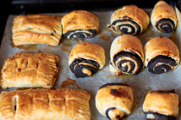 Baker prepares homemade cakes.