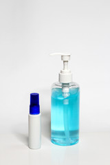 alcohol gel and spray isolated. protection against flu and coronavirus. Health care concept.Coronavirus prevention and hand sanitizer.