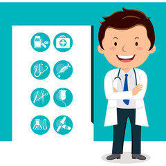  Cheerful doctor with medical icons