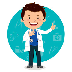 Cheerful male doctor. Vector illustration of a smiling doctor with medical icons background