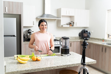 Good Looking Female Influencer Vlogging About Healthy Food