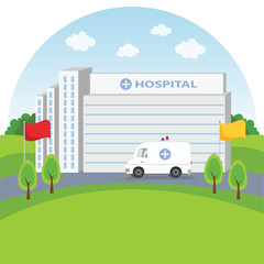 Hospital. Vector illustration of a hospital building and ambulance.