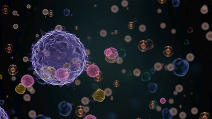 3d render of rapidly mutating different viruses over defocused dark background.