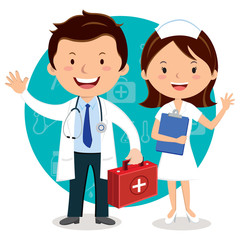  Cheerful doctor and nurse gesturing