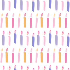 Birthday cake candles seamless pattern. Presents and gifts festive wrapping paper. Multicolor burning candles with stripes ornament. Celebration, greeting postcard backdrop. Flat hand drawn vector