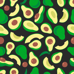 Big colorful avocados in flat color ondark background seamless pattern