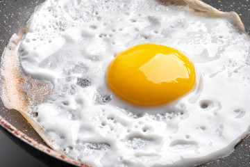 Closeup photo of fried egg on the pan surface
