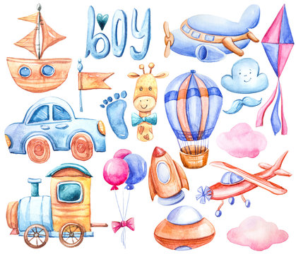 Watercolor hand painted illustration with cute cartoon giraffes, clouds, car, locomotive, airplane, sky rocket. Fantasy illustration on white isolated background. It's a boy clipart