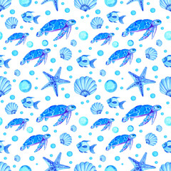 Watercolor seamless pattern with blue shell, turtle and starfish isolated on white background. Hand painted nautical illustration.