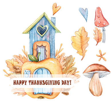 Watercolor hand painted cartoon autumn composition with pumpkin house, trees, yellow leaves.Can be used for thanks giving day cards, posters, invitations. Lovely cute illustration on white background.