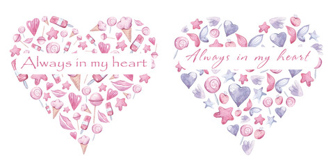 Watercolor hand painted pink elements in shape of heart. Can be used for design greeting cards, wedding invitations, poster, print, pattern. Stars, ice cream, hearts clipart