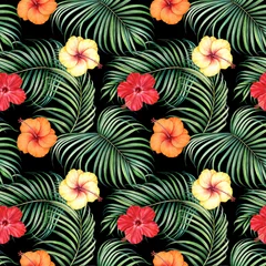  Seamless pattern with tropical branches and hibiscus flowers on black background. Watercolor illustration. © Oleksandra
