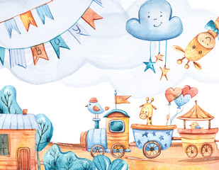 Watercolor hand painted illustration with cute cartoon giraffes, clouds, house, locomotive, balloons. Fantasy illustration on white isolated background. It's a boy clipart