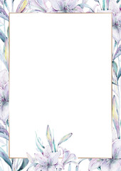Wedding Invitation, floral invite modern card template with light lily flowers. Elegant, watercolor hand painted flowers