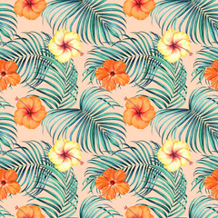Fototapeta na wymiar Colorful seamless pattern with tropical branches and hibiscus flowers on white background. Watercolor illustration.