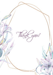 Wedding Invitation, floral invite modern card template with light lily flowers. Elegant, watercolor hand painted flowers