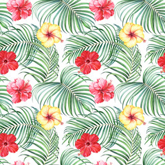 Seamless pattern with tropical branches and hibiscus flowers on white background. Watercolor illustration.