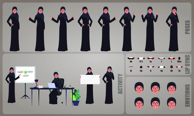 Arab Business woman or office worker character Set. Collection of character body Poses, facial gestures, Business activities and Lip syncs poses. Ready-to-use and animate, character set. Vector.