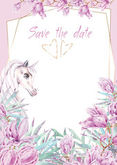 Wedding Invitation, floral invite modern card template with light pink magnolia flowers, unicorns. Elegant, watercolor hand painted flowers