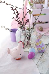 Happy Easter, colored eggs, pussy-willow twigs on the windowsill, spring, holiday decor