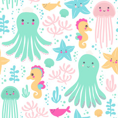 Seamless vector pattern with octopus, sea star, seahorse, fish and water plant in cute colors.