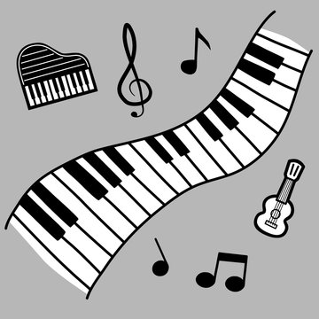 Doodle piano keyboard surrounded by some notes, little piano and ukulele. Vector illustration about music, hobby, education. Square size.