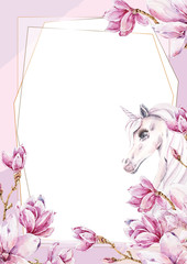 Wedding Invitation, floral invite modern card template with light pink magnolia flowers, unicorns. Elegant, watercolor hand painted flowers