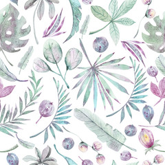 Watercolor hand painted tropical seamless pattern. Green jungle leaves on white background. Perfect for scrapbooking, textile design, fabric, wallpaper, wrapping paper.