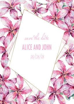 Wedding Invitation, floral invite modern card template with light pink flowers, leaves. Elegant, watercolor hand painted flowers