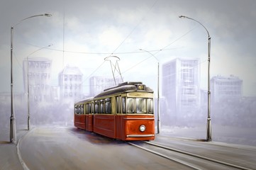 Digital paintings landscape, old tram in old city. Fine art - obrazy, fototapety, plakaty