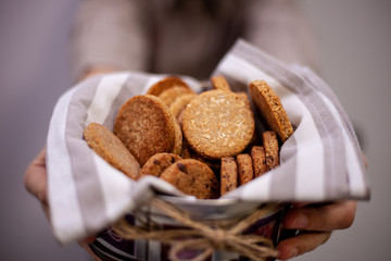 Jar of homemade cookies. Appetizing pastries. Snack. Flour product, cooking. Rustic style.