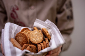 Jar of homemade cookies. Appetizing pastries. Snack. Flour product, cooking. Rustic style.