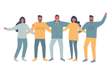 Happy friends are standing and hugging. Young men and young women in casual wear are standing together. International Friendship Day concept. Vector illustration in flat funky design