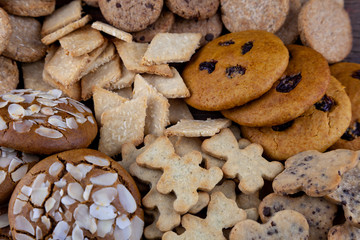 A set of different homemade cookies. Cookies close-up. Background from delicious pastries. Cookie with coconut, mishdal, chocolates, raisins, lingonberries. Round, rhombuses, bears, flowers shapes.