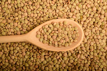Top view of one wooden spoon many fresh organic green lentil beans on textured bamboo wooden background in warm light, brown monochrome indoor background photographed with selective focus