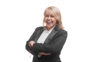 Portrait of laughing businesswoman over white background.