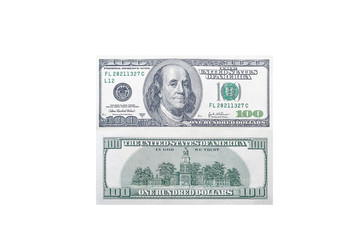 Front and back side of a 100 US dollar bill with a portrait of American President Benjamin Franklin on an isolated white background