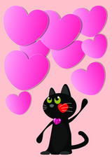 cartoon design with cat and many pink heart