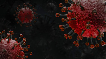 Two red based coronavirus enlarged detailed view as 3D illustration on dark background.