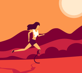 Fototapeta na wymiar Running girl with prosthetic leg, vector illustration