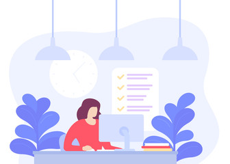 girl working in the office, deadline, task completion vector illustration