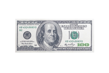 one hundred US dollar bill with a portrait of American President Franklin on an isolated white background