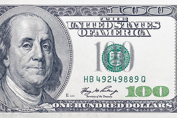 right side of a 100 dollar bill US money with a portrait of American President Franklin